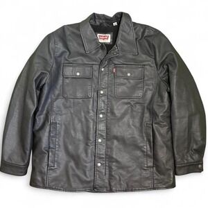 Levi's Men's XL Faux Leather Trucker Jacket Buttons Zip Up Black Fleece‎